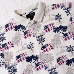 Men's American Flag Hawaiian Print Polo MEDIUM‎ C&B Sport Patriotic 100% Cotton